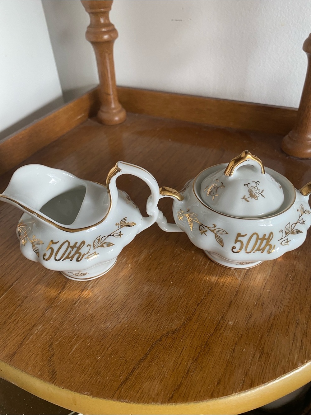 White Porcelain 50th Anniversary Mini Creamer and Sugar Set with Gold Trim